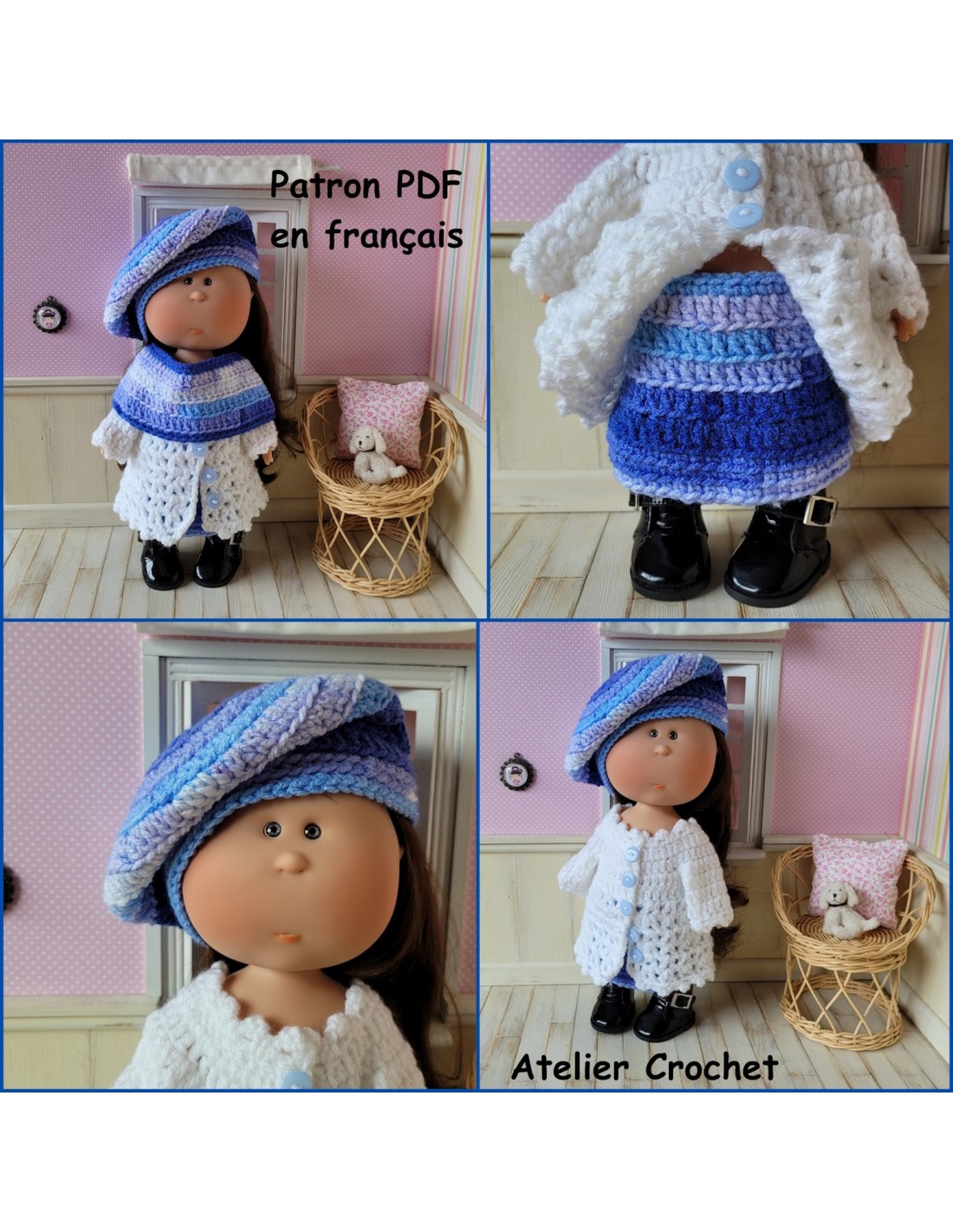 Patron PDF jupe manteau col et béret pour poupée Mia Nines d Onil