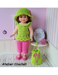 Ensemble top, pantacourt, chaussures, chapeau et sac au crochet pour poupée Marie Françoise