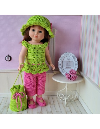Ensemble top, pantacourt, chaussures, chapeau et sac au crochet pour poupée Marie Françoise
