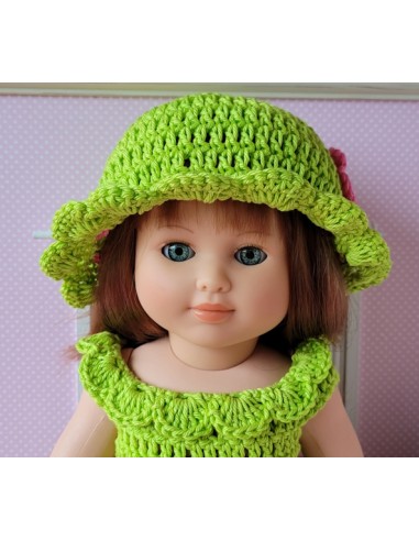 Ensemble top, pantacourt, chaussures, chapeau et sac au crochet pour poupée Marie Françoise