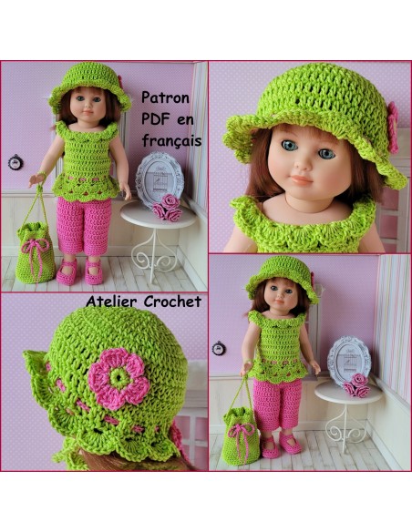 Top, pantacourt, chaussures, sac et chapeau patron PDF de crochet pour Marie Françoise