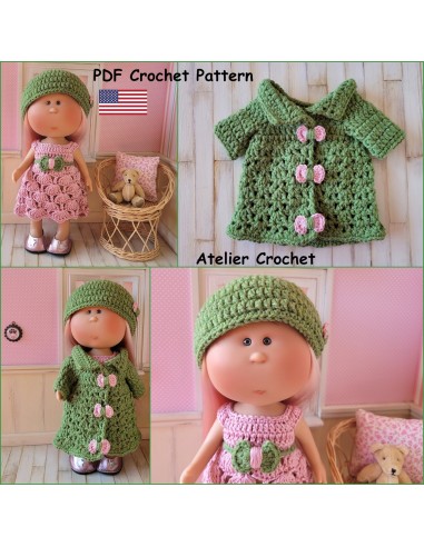 Dress, belt, coat and hat PDF crochet pattern for Mia Nines d'Onil