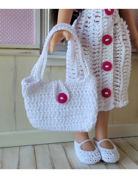 Ensemble robe, gilet, sac, bandeau et chaussures au crochet pour poupée Paola Reina Las Amigas