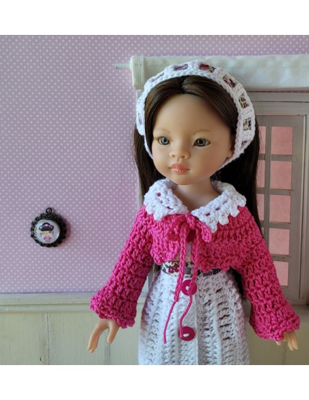 Ensemble robe, gilet, sac, bandeau et chaussures au crochet pour poupée Paola Reina Las Amigas