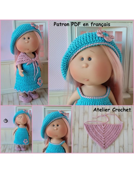 Robe, châle, béret et chaussures patron PDF de crochet pour poupée Mia Nines d'Onil