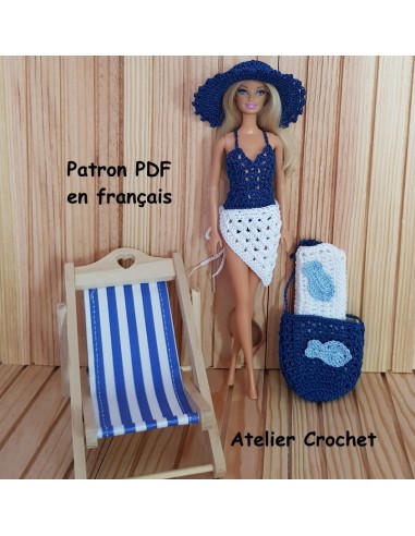 Maillot de bain, chapeau, paréo, sac et serviette de plage patron PDF de crochet pour Barbie