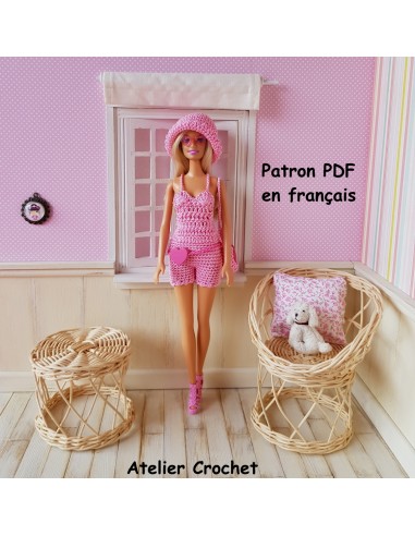 Combishort, chapeau et sac patron PDF de crochet pour Barbie