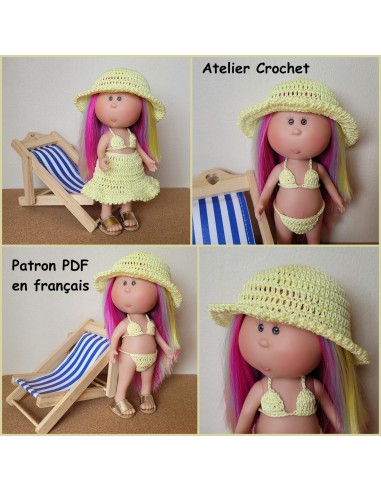Bikini, jupe et chapeau patron PDF de crochet pour poupée little Mia Nines d'Onil