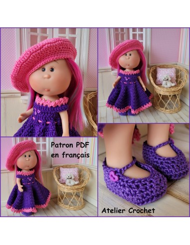 Robe, béret et chaussures patron PDF de crochet pour poupée Little Mia Nines d'Onil