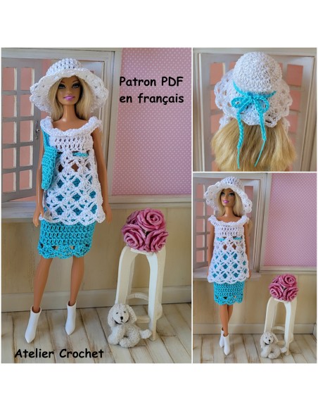 Tunique, jupe, sac et chapeau patron PDF de crochet pour poupée Barbie