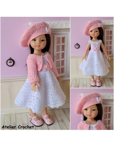 Robe, culotte, ceinture, gilet et béret patron PDF de crochet pour poupée Paola Reina Las Amigas