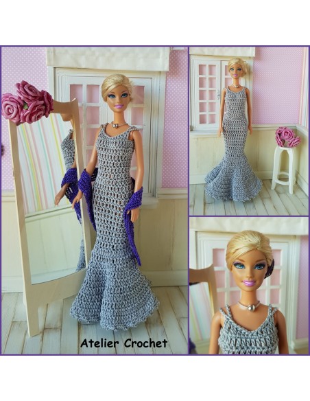 Robe de soirée et étole patron PDF de crochet pour poupée Barbie