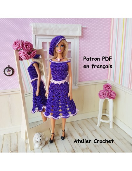 Robe , ceinture et béret patron PDF de crochet pour poupée Barbie