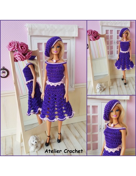 Robe , ceinture et béret patron PDF de crochet pour poupée Barbie