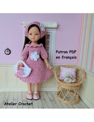 Robe, ceinture, fichu et sac patron PDF de crochet pour poupée Paola Reina Las Amigas