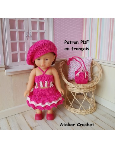 Jupe, top, béret et sac patron PDF de crochet pour poupée mini corolline