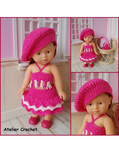 Jupe, top, béret et sac patron PDF de crochet pour poupée mini corolline