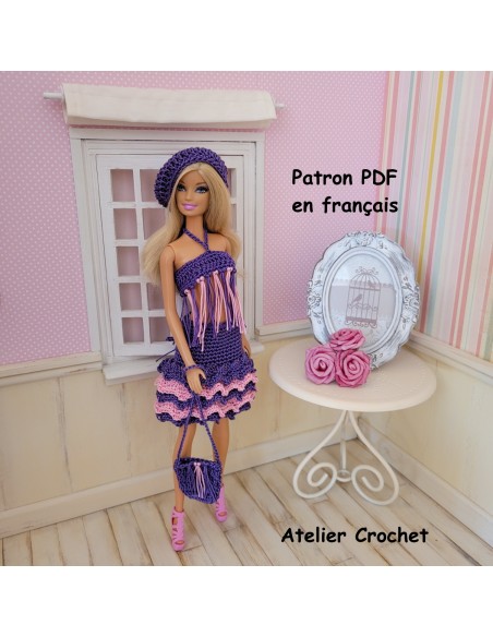 Jupe, top, béret et sac patron PDF de crochet pour poupée Barbie