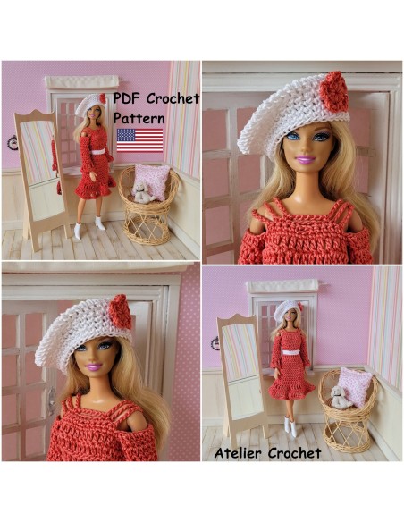 Patron PDF robe et béret au crochet pour poupée mannequin Barbie