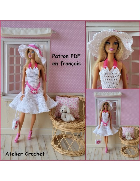 Robe, ceinture, sac et chapeau patron PDF de crochet pour poupée Barbie