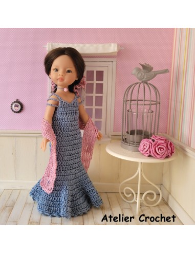 ensemble robe de soirée, étole et chouchou au crochet pour poupée Paola Reina Las Amigas