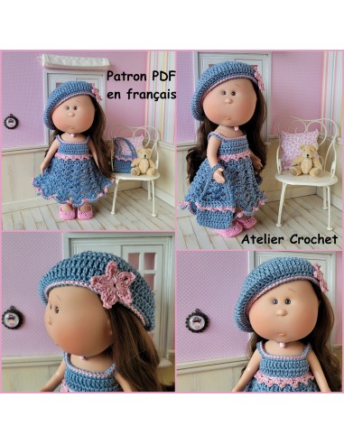 Robe, béret, chaussures et sac patron PDF de crochet pour poupée Mia Nines d'Onil