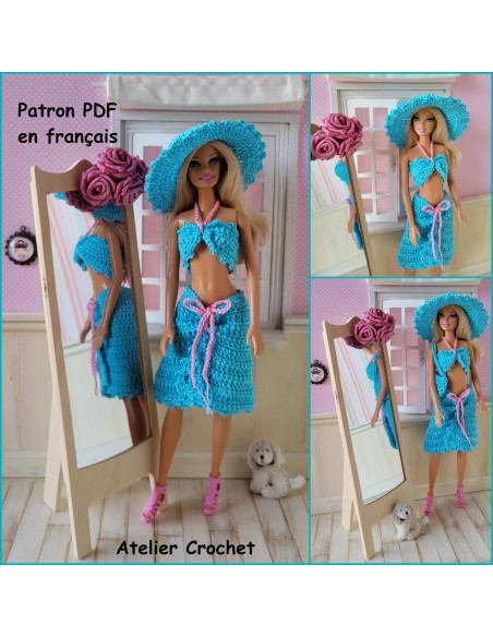 jupe, top, chapeau et sac patron PDF de crochet pour Barbie