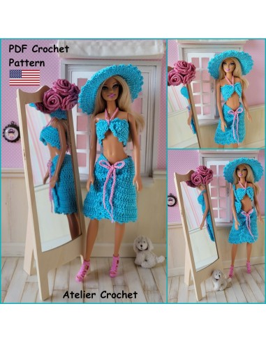 Patron PDF jupe, top, chapeau et sac au crochet pour poupée Barbie