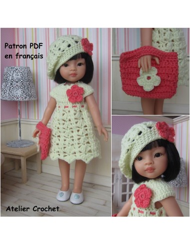 Robe, béret et sac patron PDF de crochet pour poupée Paola Reina Las Amigas