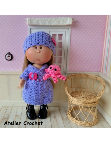 Robe, bonnet et doudou pieuvre au crochet pour poupée Mia Nines d'Onil