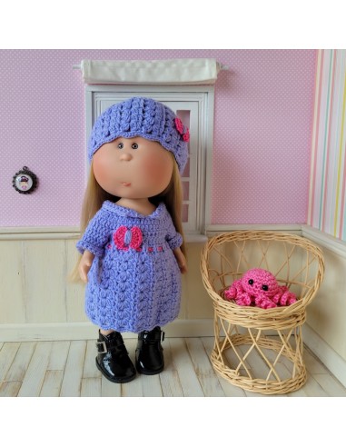 Robe, bonnet et doudou pieuvre au crochet pour poupée Mia Nines d'Onil