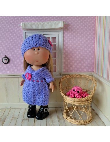 Robe, bonnet et doudou pieuvre au crochet pour poupée Mia Nines d'Onil