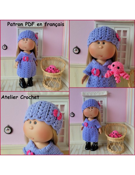 Robe, bonnet et doudou pieuvre patron PDF de crochet pour poupée Mia Nines d'onil