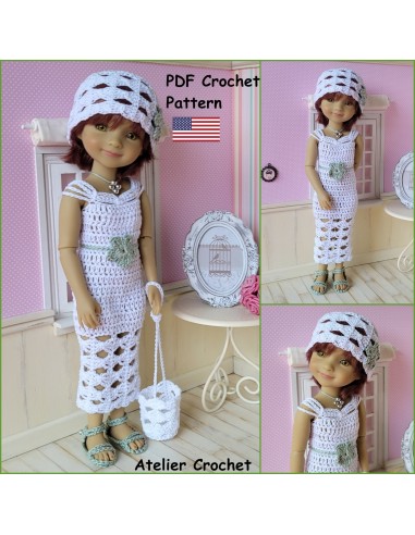 Dress, belt, bag, shoes and hat PDF crochet pattern for Ruby Red Fashion Friends
