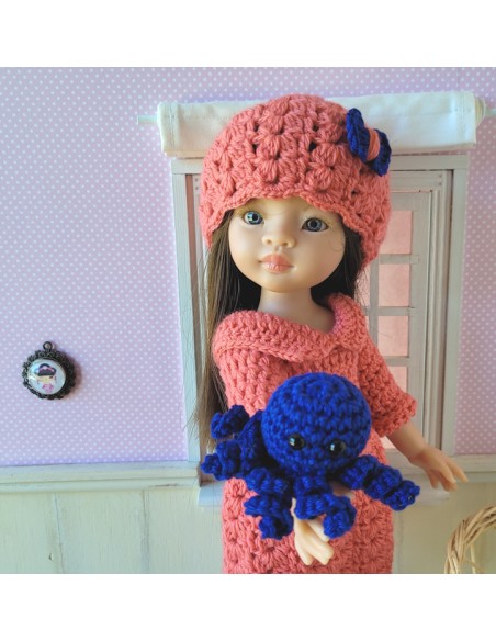 Robe, bonnet et doudou pieuvre au crochet pour poupée Paola Reina Las Amigas