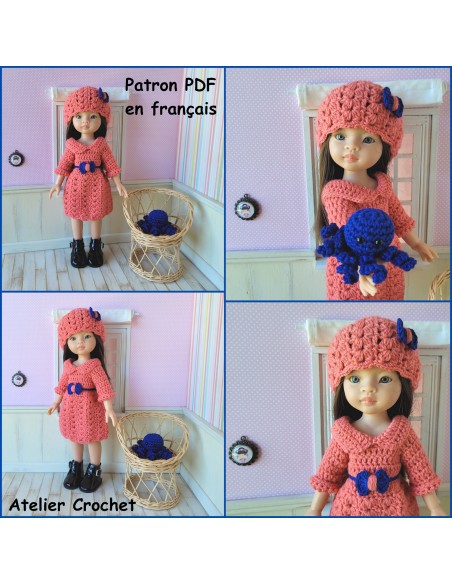 Robe, bonnet et doudou pieuvre patron PDF de crochet pour poupée Paola Reina Las Amigas