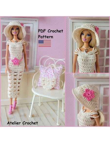 Dress, belt, bag and hat PDF crochet pattern for Barbie