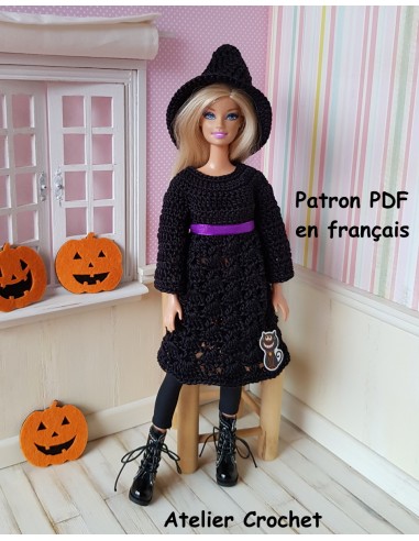 Robe et chapeau de sorcière patron PDF de crochet pour poupée Barbie