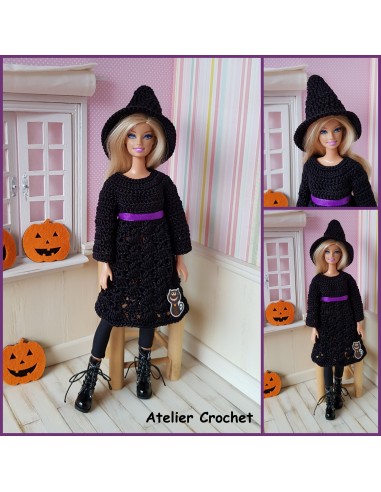 Robe et chapeau de sorcière patron PDF de crochet pour poupée Barbie