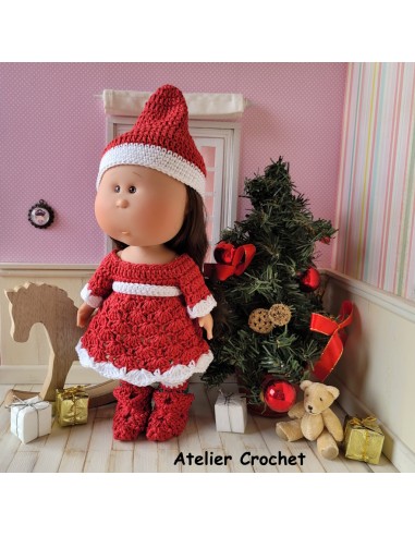 Robe, bonnet de Noël, guêtres et chaussons pour poupée Mia Nines d'Onil