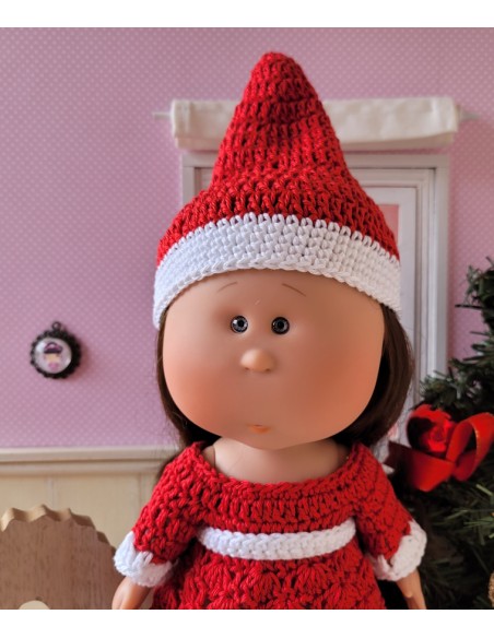 Robe, bonnet de Noël, guêtres et chaussons pour poupée Mia Nines d'Onil