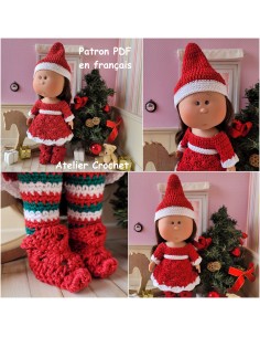 Robe, bonnet de Noël, guêtres et chaussons patron PDF de crochet pour poupée Mia Nines d'onil