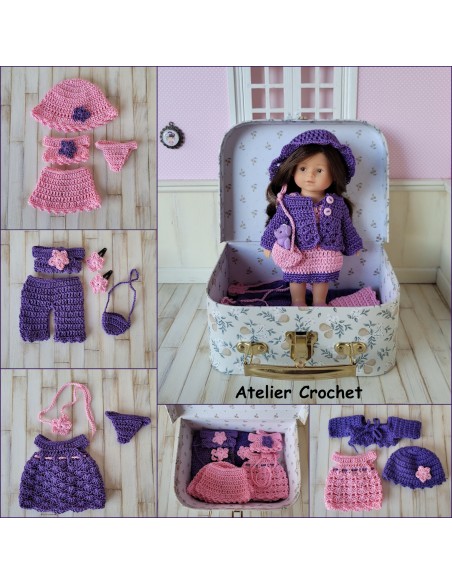 Poupée Mini Corolline et ses tenues au crochet en rose et violet