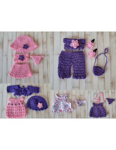 Poupée Mini Corolline et ses tenues au crochet en rose et violet 2