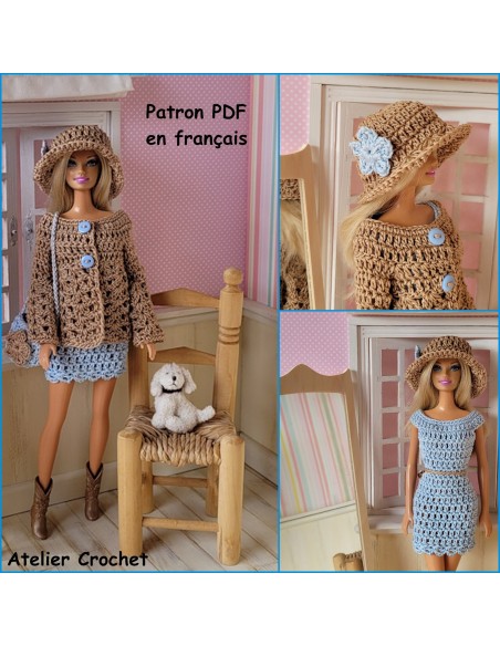 Robe, veste, chapeau et sac patron PDF de crochet pour Barbie