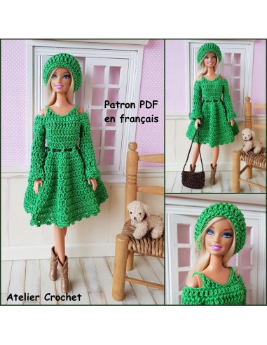 Robe, béret et sac patron PDF de crochet pour poupée Barbie