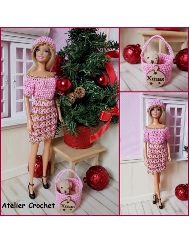Robe, bonnet et panier patron PDF de crochet pour poupée Barbie