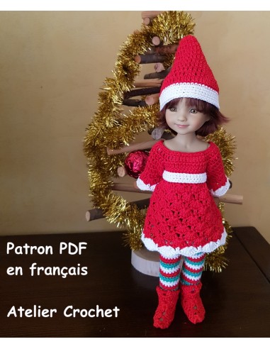 Robe, bonnet de Noël, guêtres et chaussons patron PDF de crochet pour poupée Fashion Friends