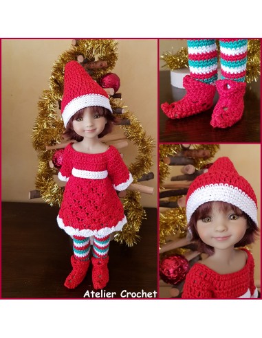 Robe, bonnet de Noël, guêtres et chaussons patron PDF de crochet pour poupée Fashion Friends