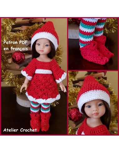 Robe, bonnet de Noël, guêtres et chaussons patron PDF de crochet pour poupée Paola Reina Las Amigas